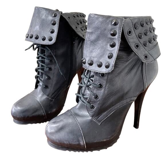 Bronx Shoes - Bronx Black Distressed Leather Renna Gade Studded Stiletto Bootie Size 10
